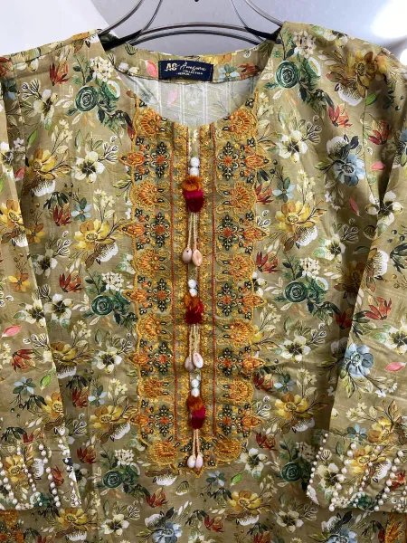 Pakistani Original Cotton Lawn Embroidered Stitched 3Pcs Olive 